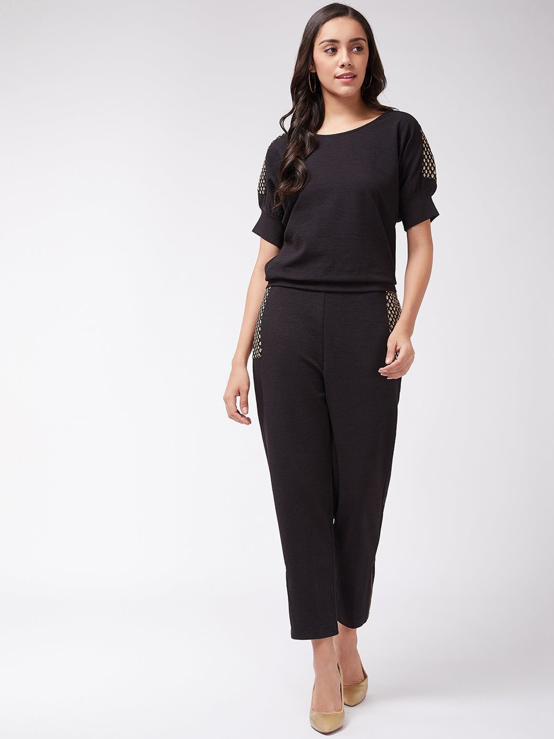 

Zima Leto Embellished Puffed Sleeves Round Neck Loose Top With Trousers, Black