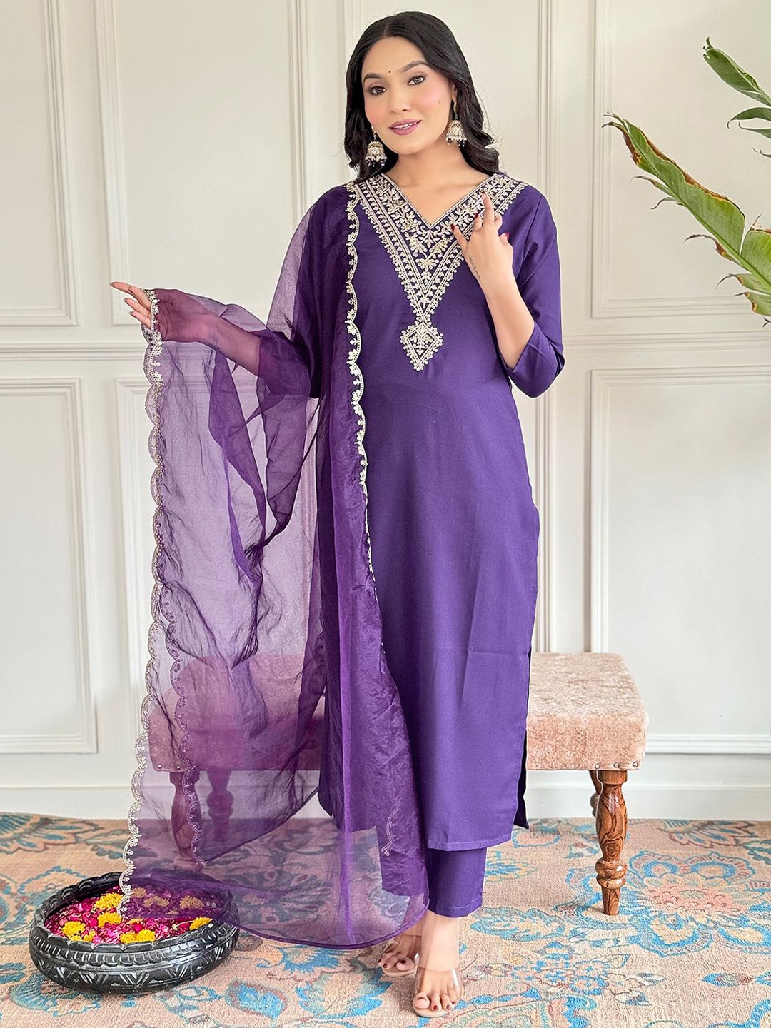 

KALINI Floral Embroidered V-Neck Straight Kurta With Trousers & Dupatta, Purple