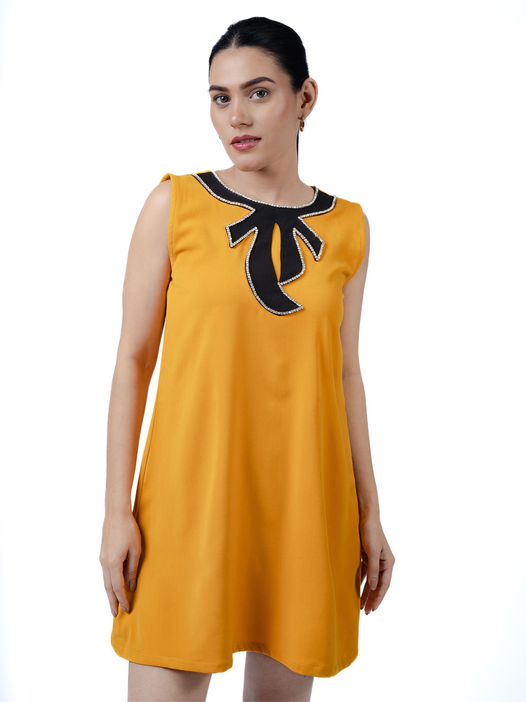 

THEFIGUREOUT Women Round Neck Embellished A-Line Mini Dress, Yellow