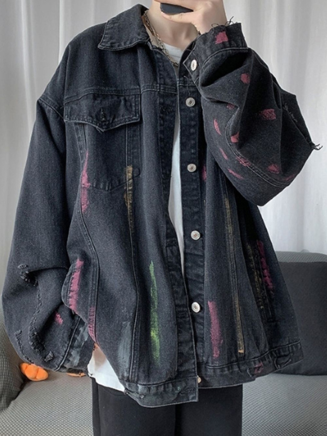

HERE&NOW Men Spread Collar Washed Self Design Casual Denim Jacket, Black