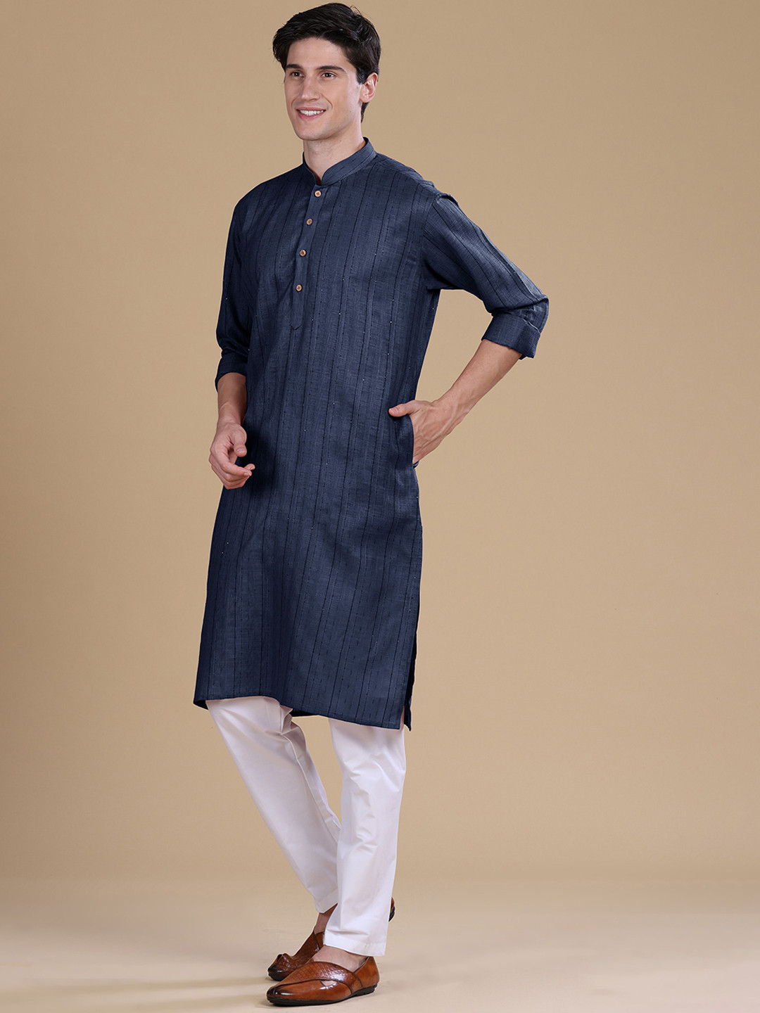 

Anouk Striped Thread Work Cotton Straight Kurta, Navy blue