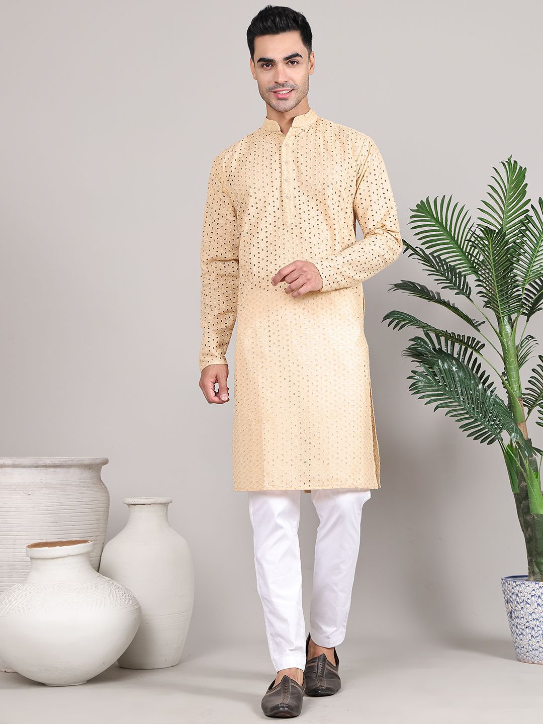 

Majestic Man Floral Lucknowi Chikankari Embroidered Mandarin Collar Straight Kurta, Beige