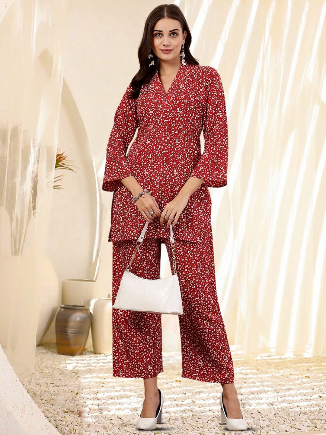 

BAESD Floral Printed V-Neck Top With Trousers, Red