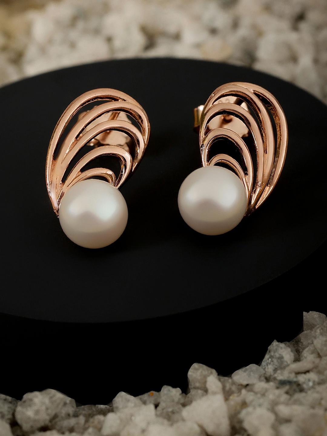 

DIAVO Rose Gold-Plated 925 Sterling Silver Pearls Beaded Contemporary Studs