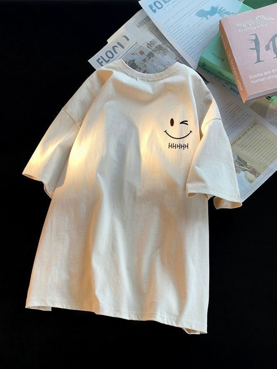 

HERE&NOW Men Graphic Printed Round Neck Cotton Oversized T-shirt, Cream