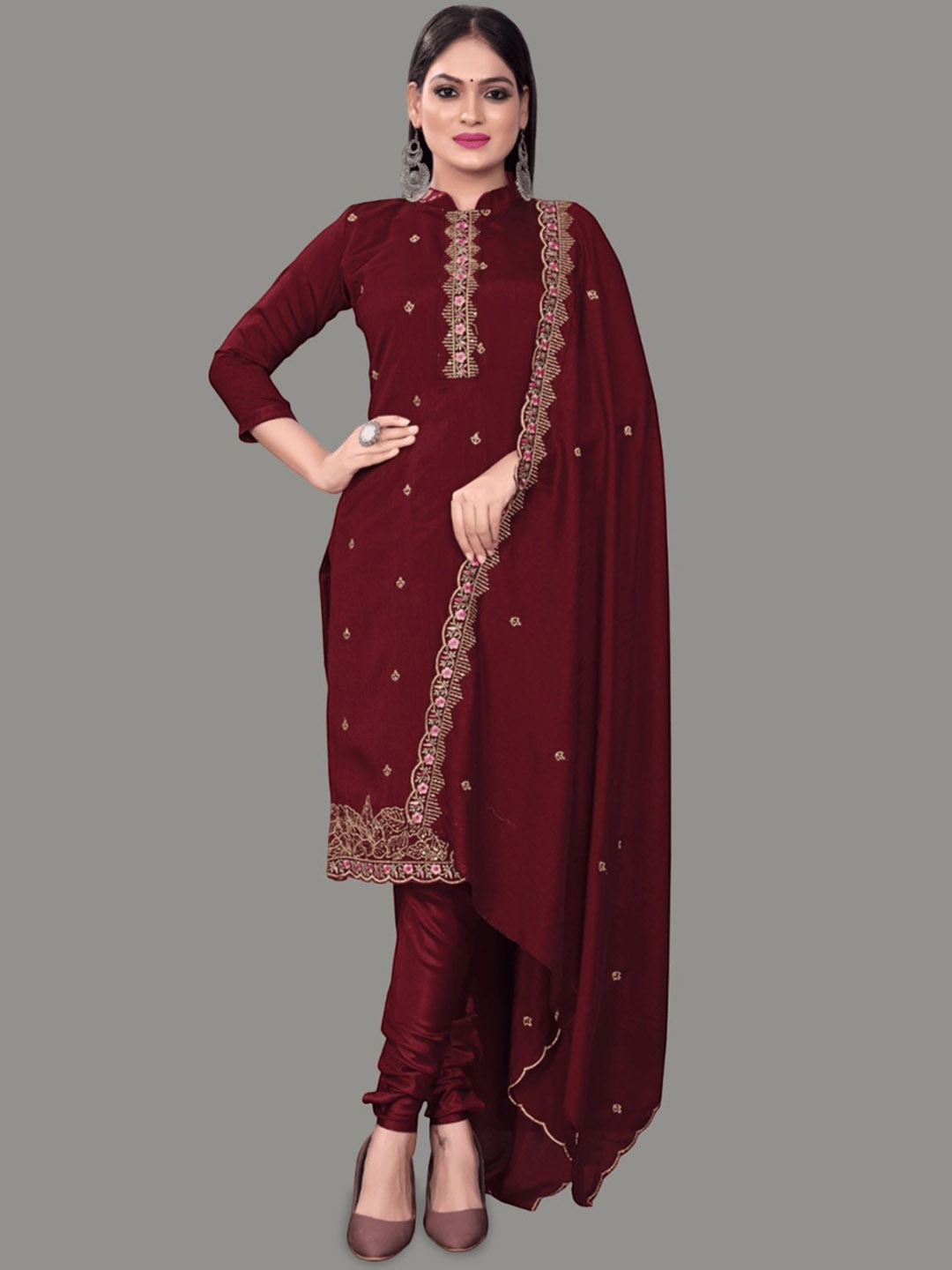 

APNISHA Floral Embroidered Pure Silk Unstitched Dress Material, Maroon