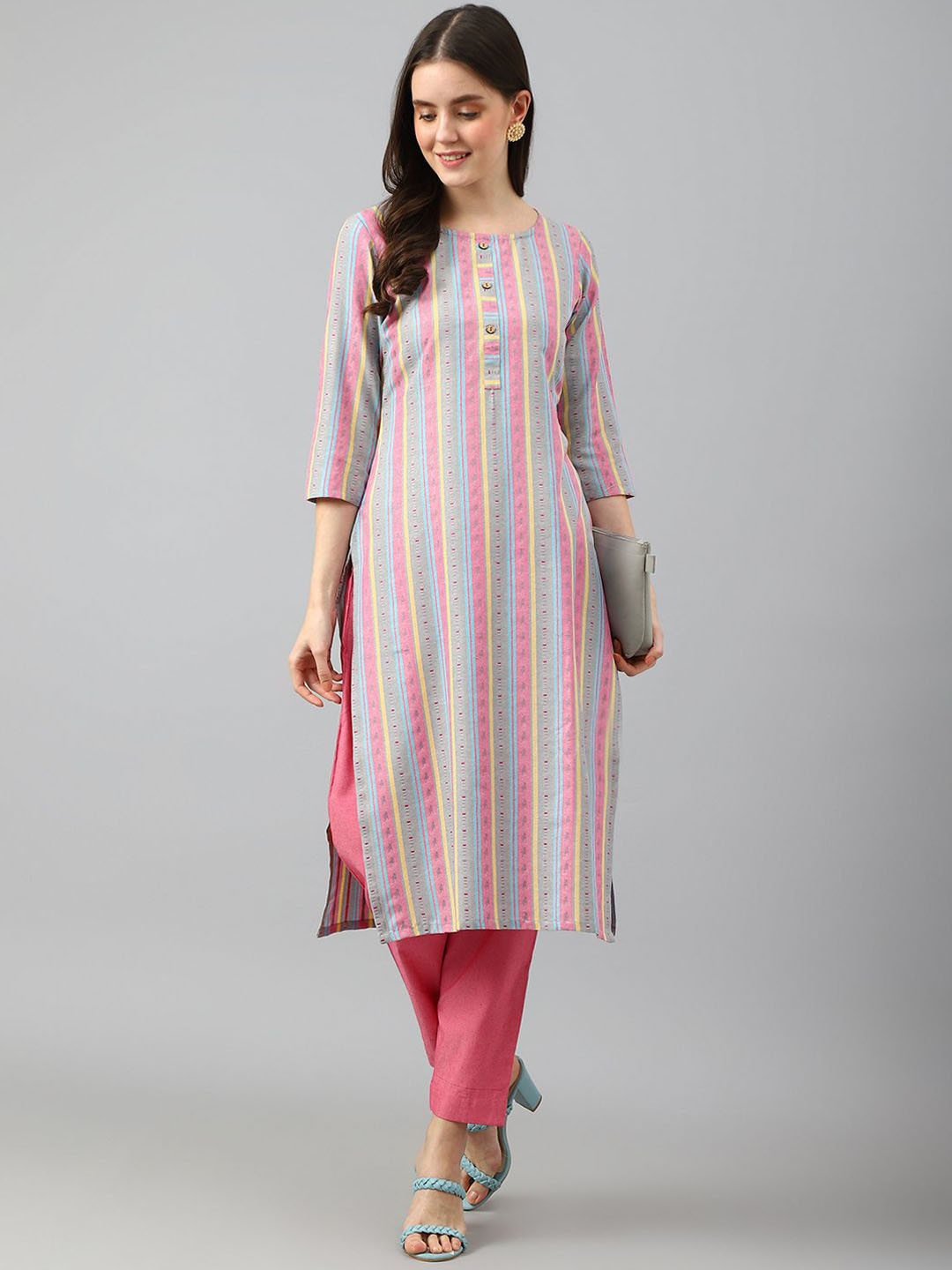

KALINI Striped Regular Straight Kurta with Trousers, Pink