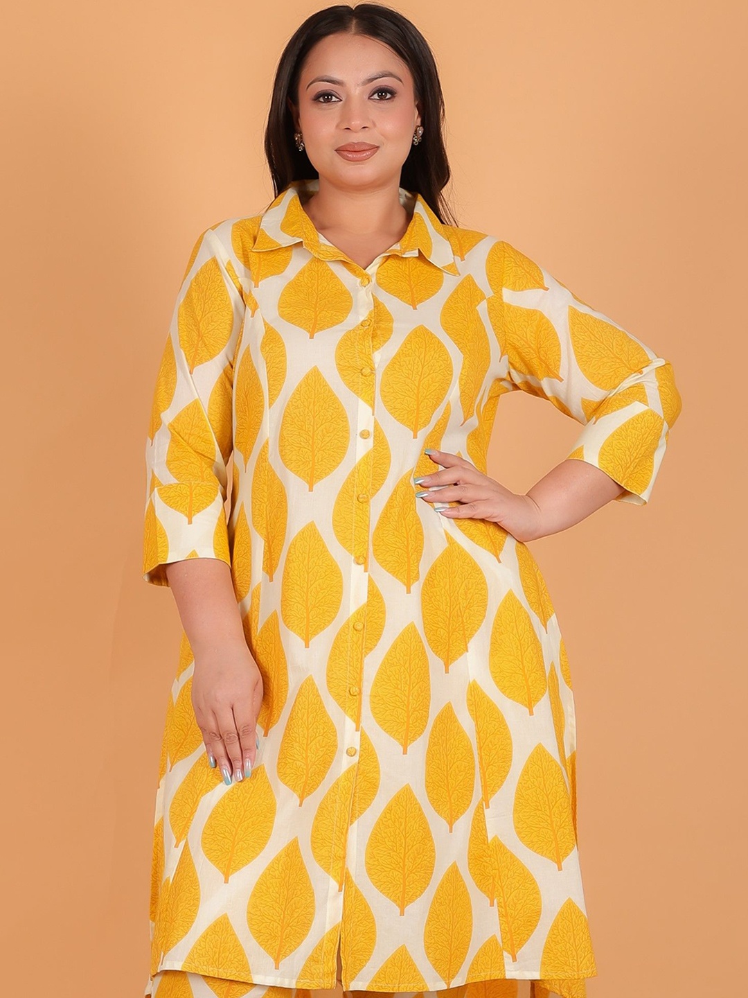 

Aramya Abstract Printed Shirt Collar Cotton Straight Kurta, Yellow