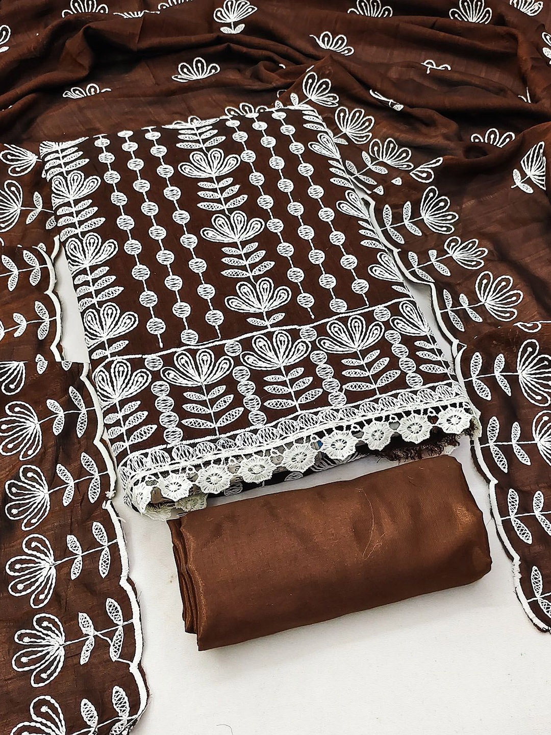 

APNISHA Floral Embroidered Gotta Patti Pure Silk Unstitched Dress Material, Brown