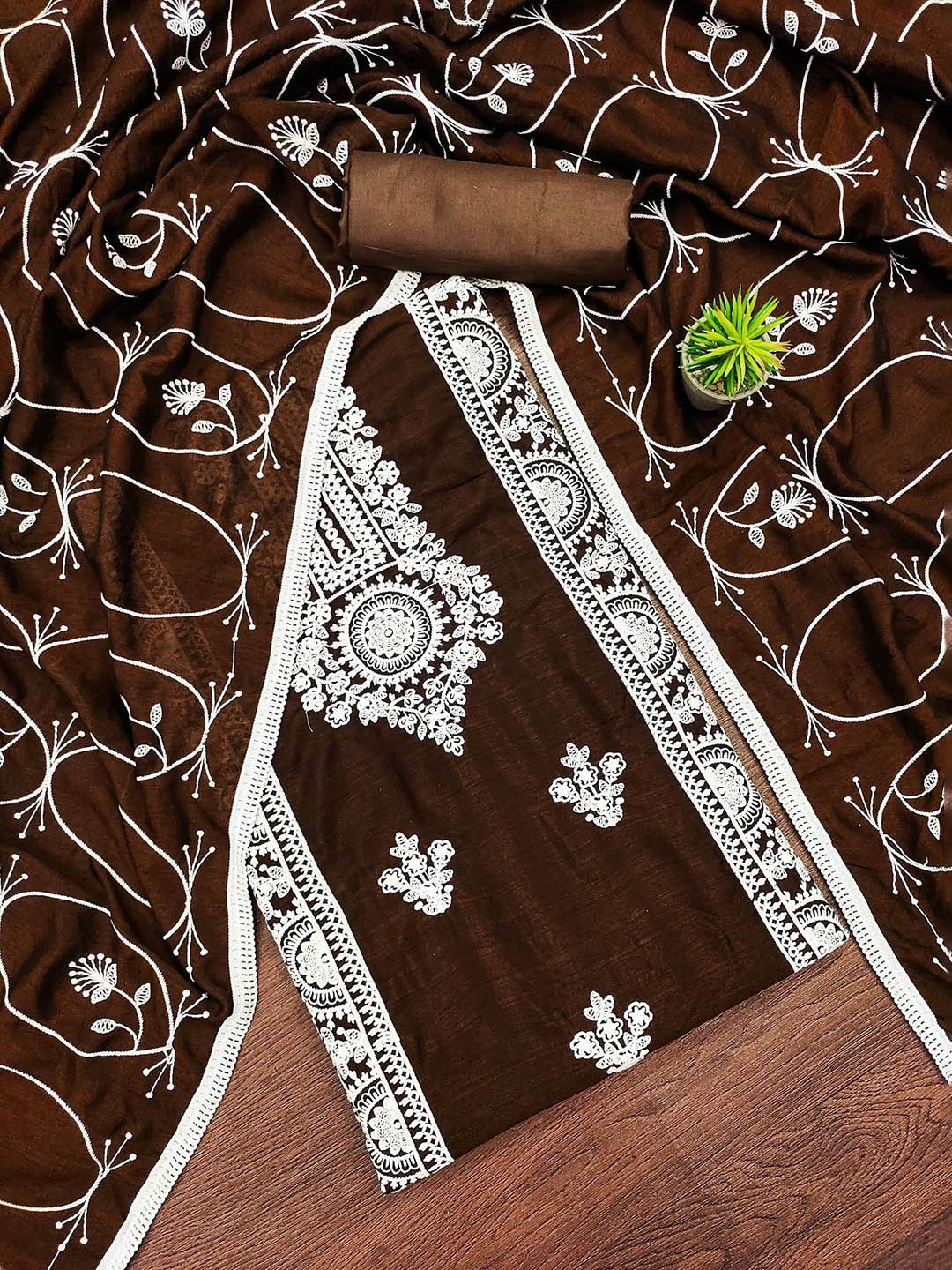 

APNISHA Floral Embroidered Pure Silk Unstitched Dress Material, Brown