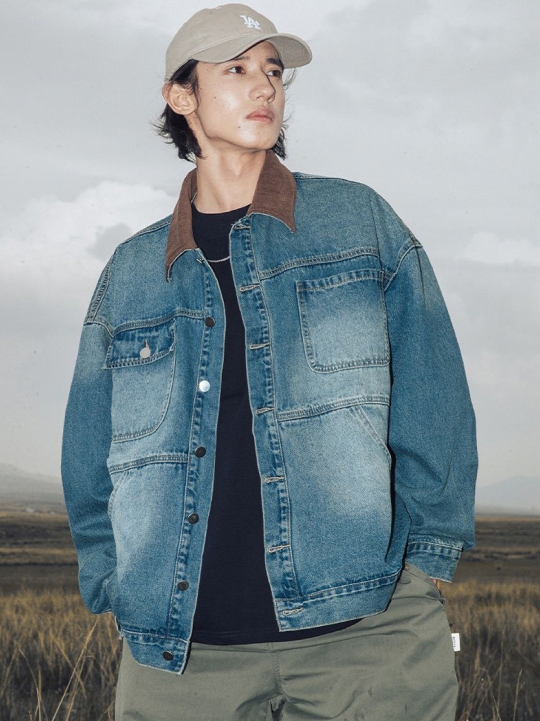 

HERE&NOW Men Spread Collar Washed Solid Casual Denim Jacket, Blue