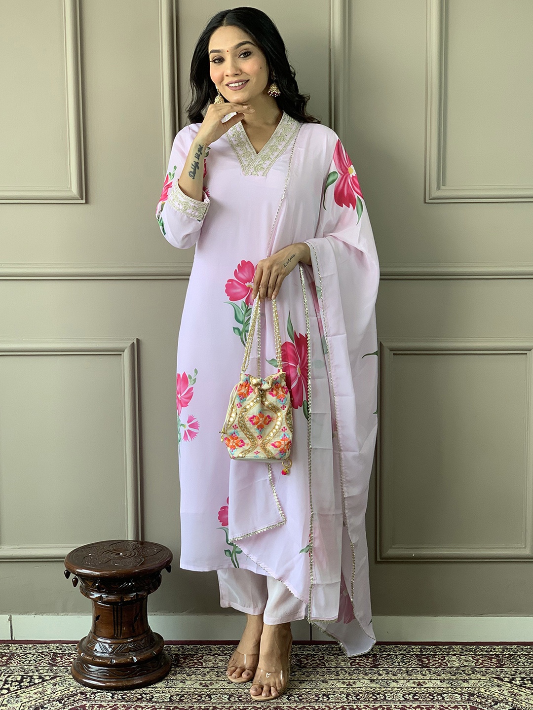 

KALINI Ethnic Motifs Printed Gotta Patti Silk Crepe Straight Kurta With Trousers & Dupatta, Lavender