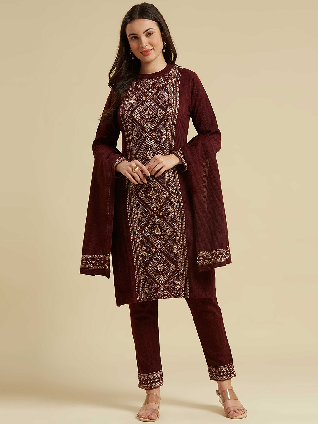 

Peachmode Round Neck Floral Woven Design Pure Wool Straight Kurta with Trouser & Dupatta, Maroon