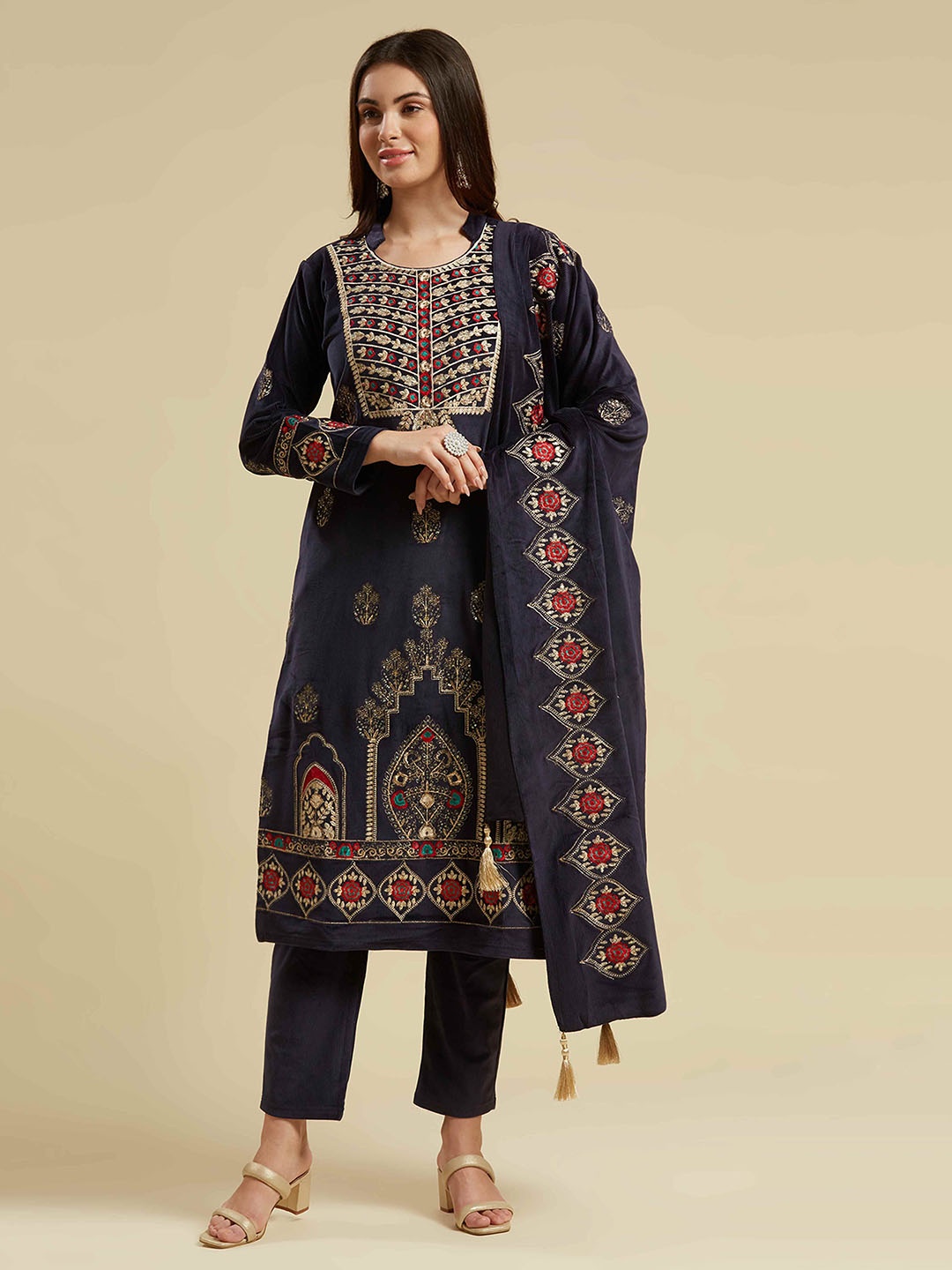 

Peachmode Floral Embroidered Thread Work Velvet Kurta with Trouser & Dupatta, Navy blue