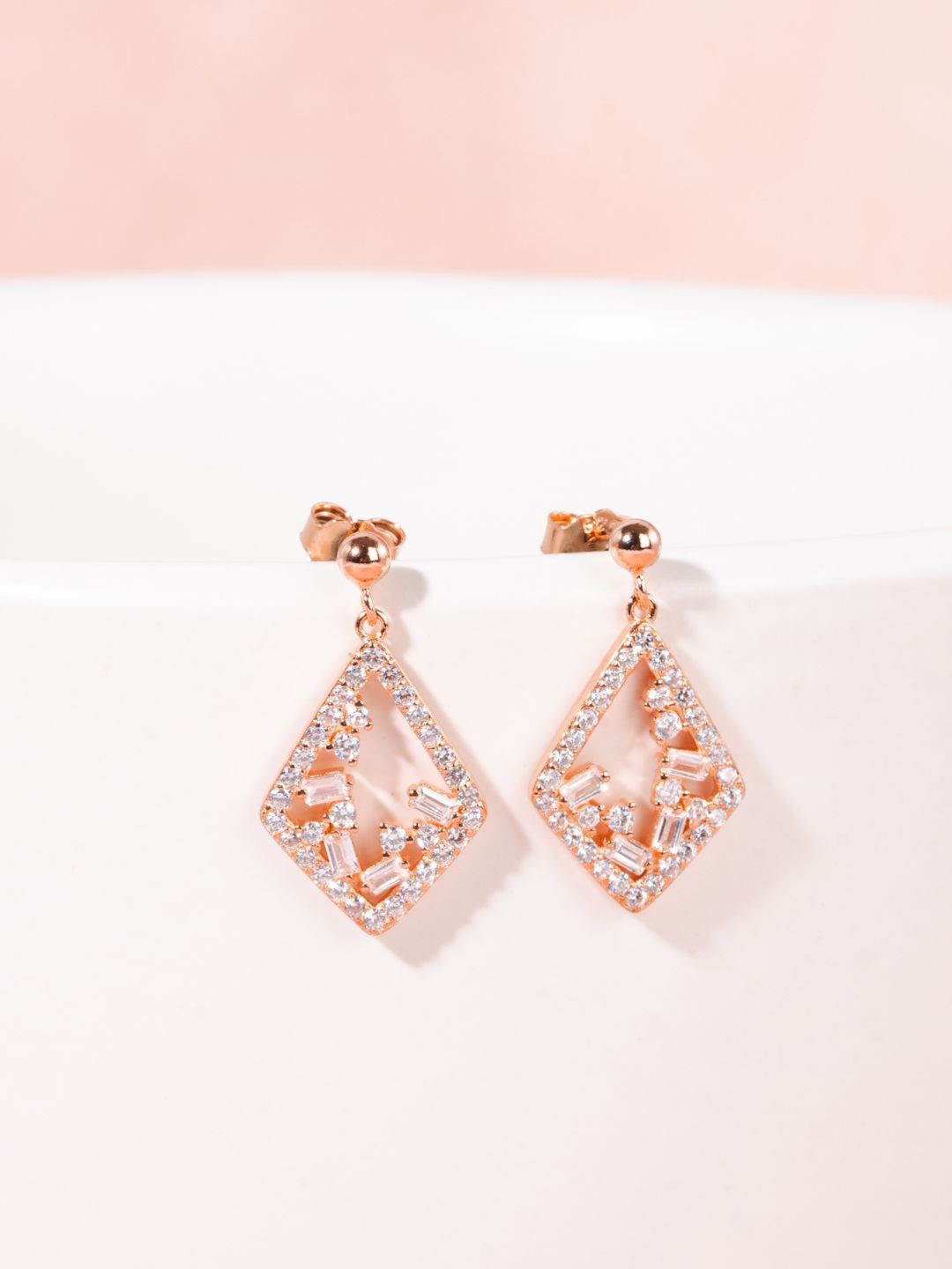 

GLYTERS Rose Gold Plated Zircon Studded Contemporary Drop Earrings