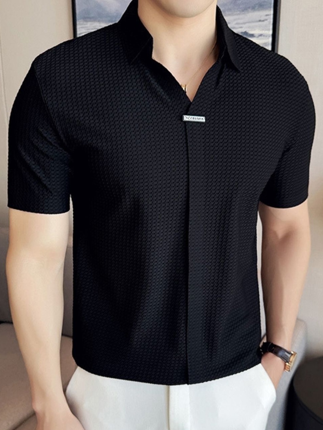 

HERE&NOW Men Polo Collar Self Design Casual T-shirt, Black