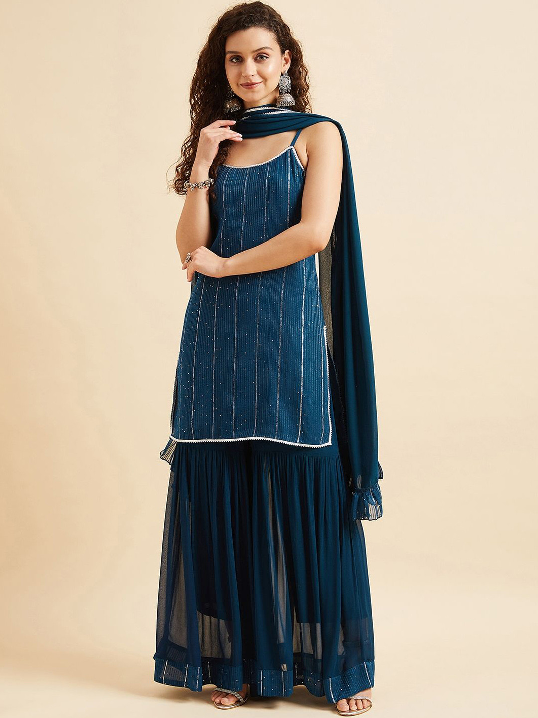 

PANIT Striped Embroidered Gotta Patti Kurta with Sharara & Dupatta, Navy blue