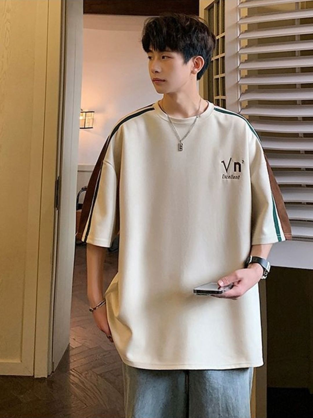 

HERE&NOW Men Striped Round Neck Oversized T-shirt, Cream