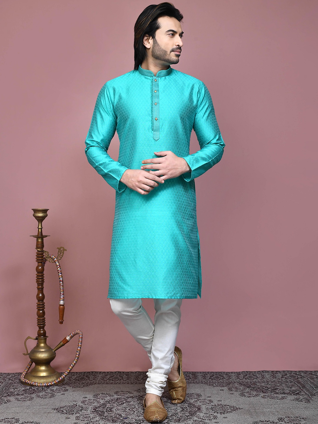 

RANAK Ethnic Motifs Woven Design Mandarin Collar Straight Kurta, Sea green