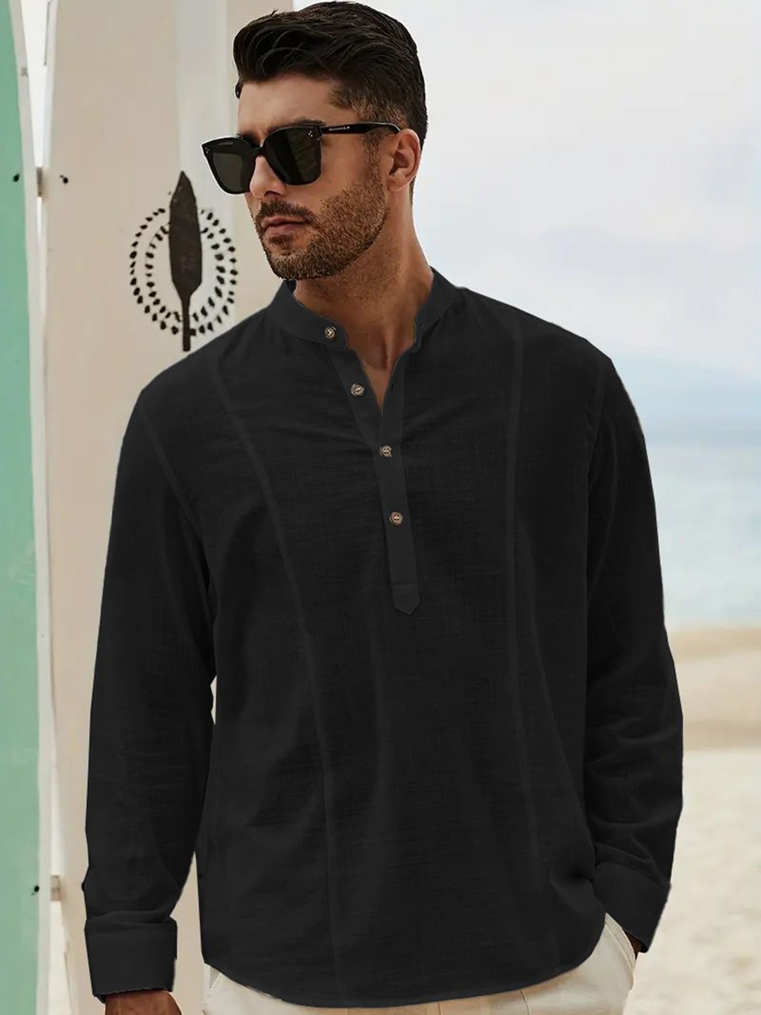 

Anouk Mandarin Collar Cotton Straight Short Kurta, Black