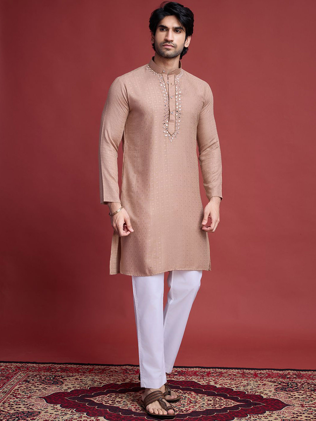 

SHUBHVASTRA Band Collar Geometric Woven Design Mirror Work Kurta, Grey