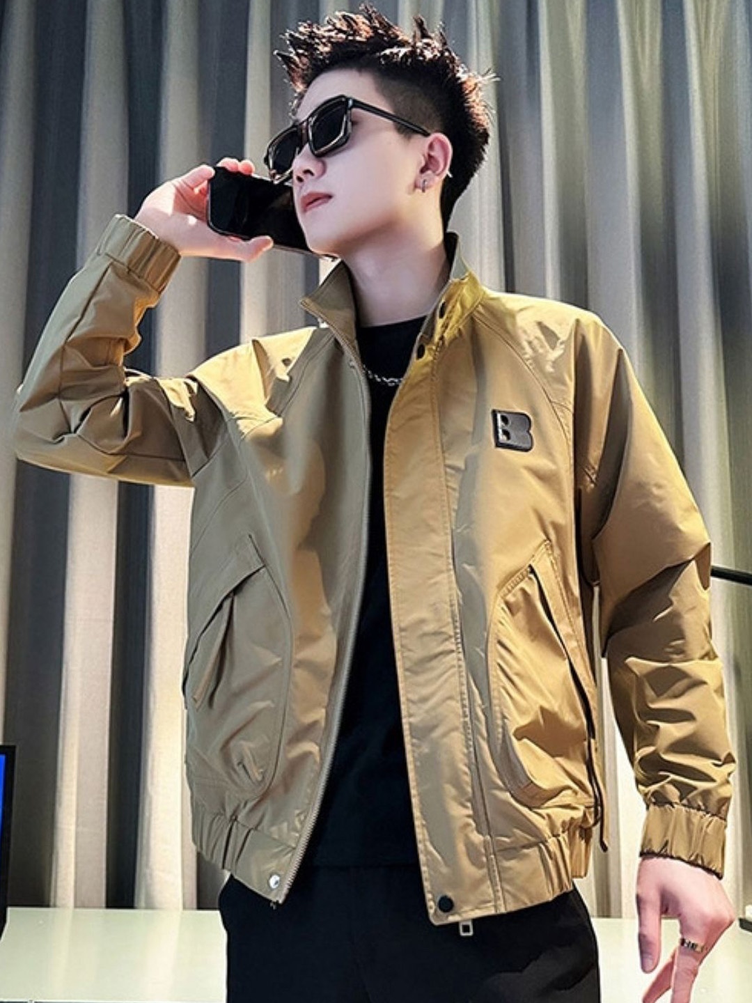 

HERE&NOW Men Mock Collar Solid Casual Bomber Jacket, Brown