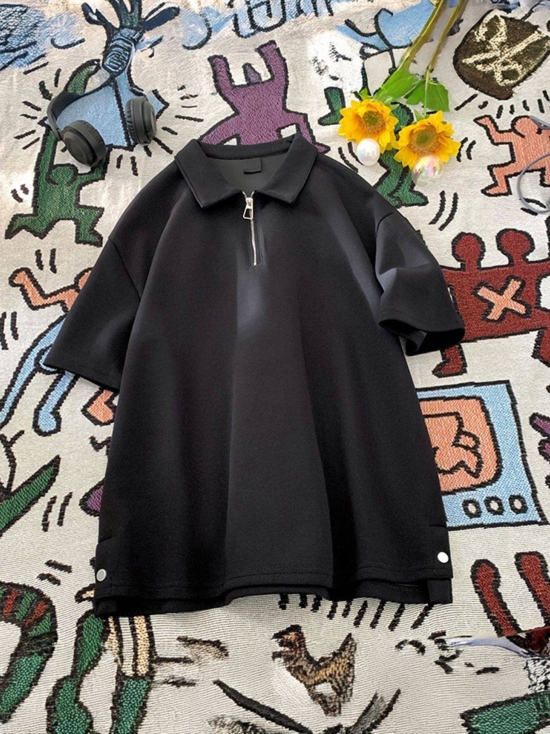 

HERE&NOW Men Solid Polo Collar Cotton Oversized T-shirt, Black
