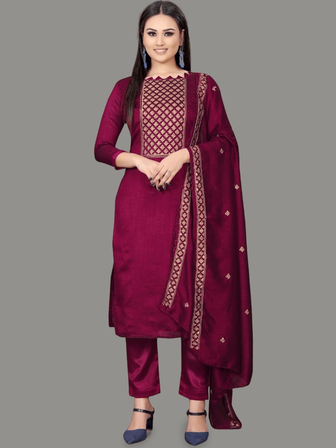 

APNISHA Floral Embroidered Sequinned Pure Silk Unstitched Dress Material, Purple