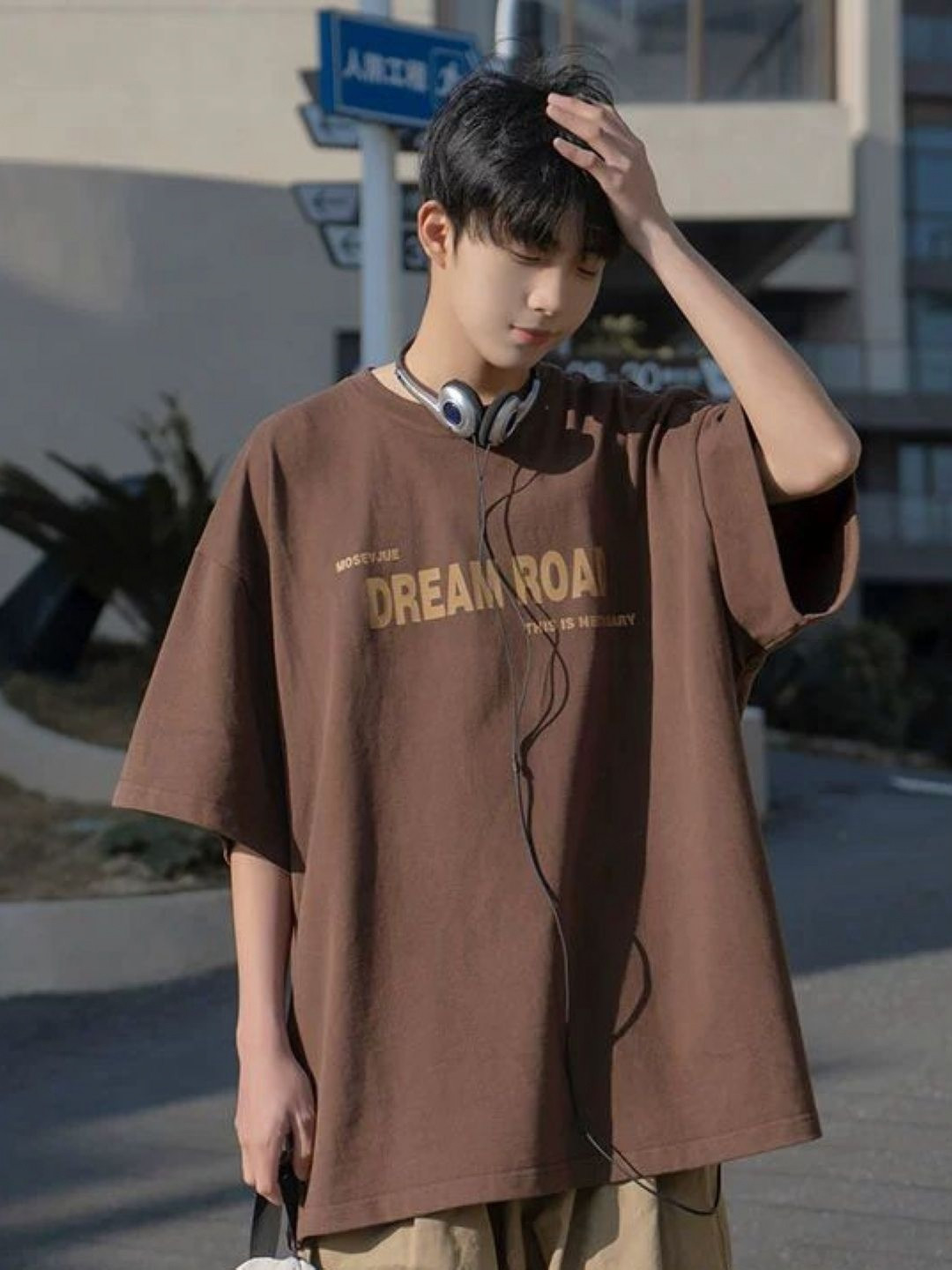 

HERE&NOW Men Typography Printed Round Neck Cotton Oversized T-shirt, Brown