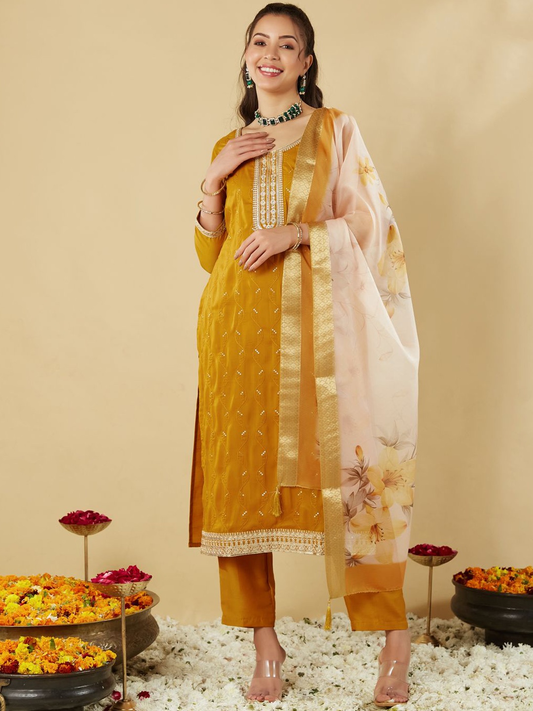 

J Turritopsis Floral Embroidered Sequinned Kurta With Trousers & Dupatta, Mustard