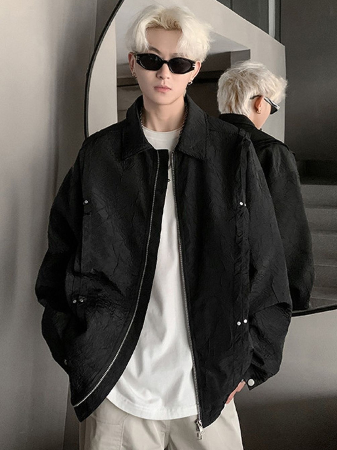 

HERE&NOW Men Spread Collar Self Design Casual Bomber Jacket, Black