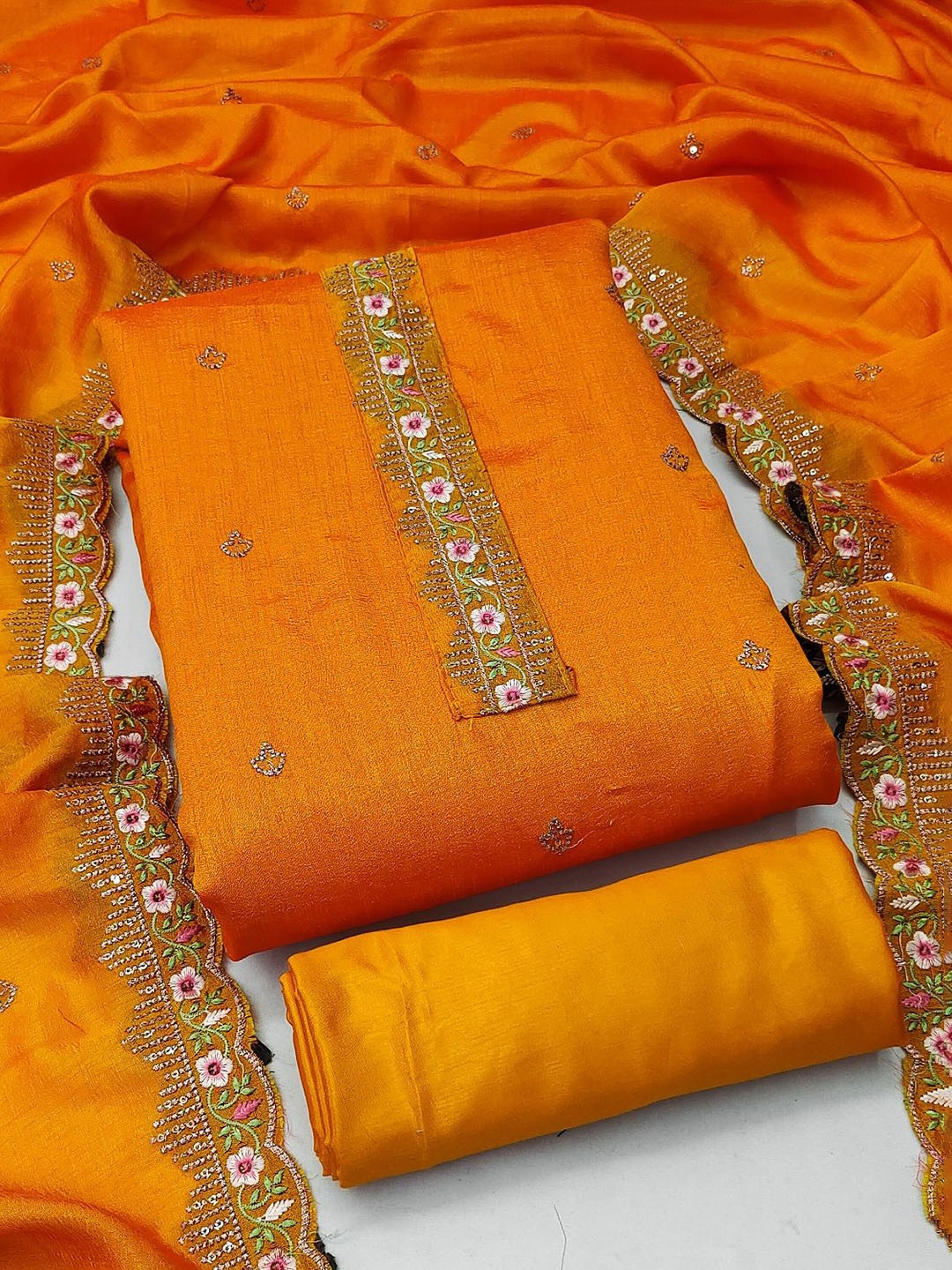 

APNISHA Floral Embroidered Pure Silk Unstitched Dress Material, Orange