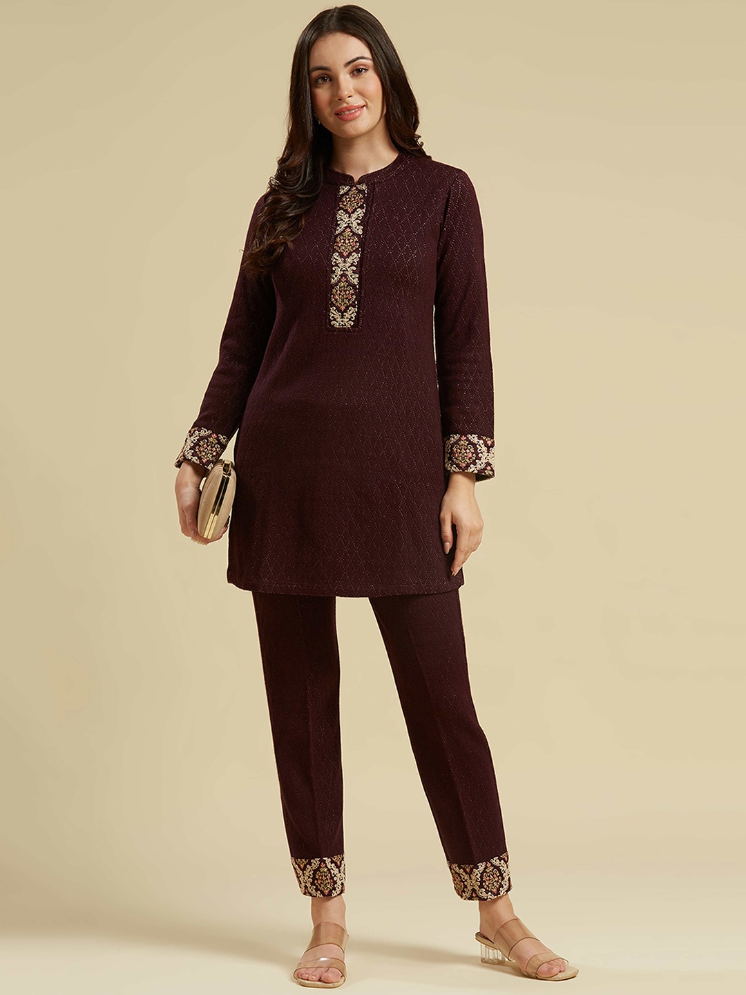 

Peachmode Floral Thread Work Pure Wool Kurta with Trouser, Maroon