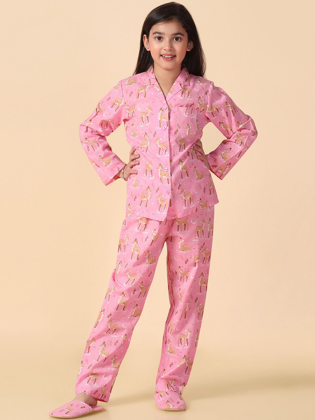 

PICCOLO Girls Printed Shirt Collar Pure Cotton Night Suit, Pink