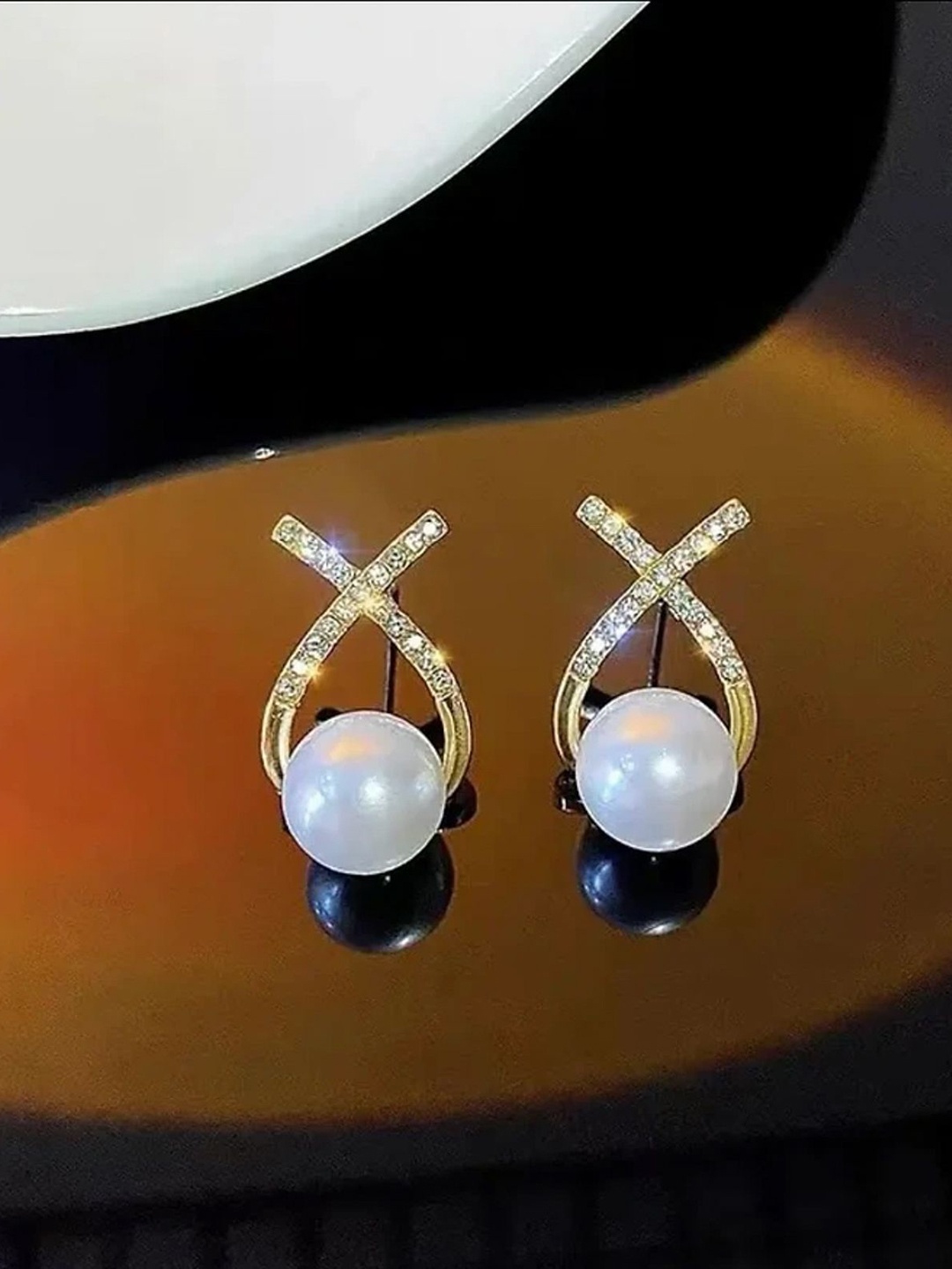 

PolluxCraft Gold-Plated Stone Studded & Pearls Beaded Contemporary Studs