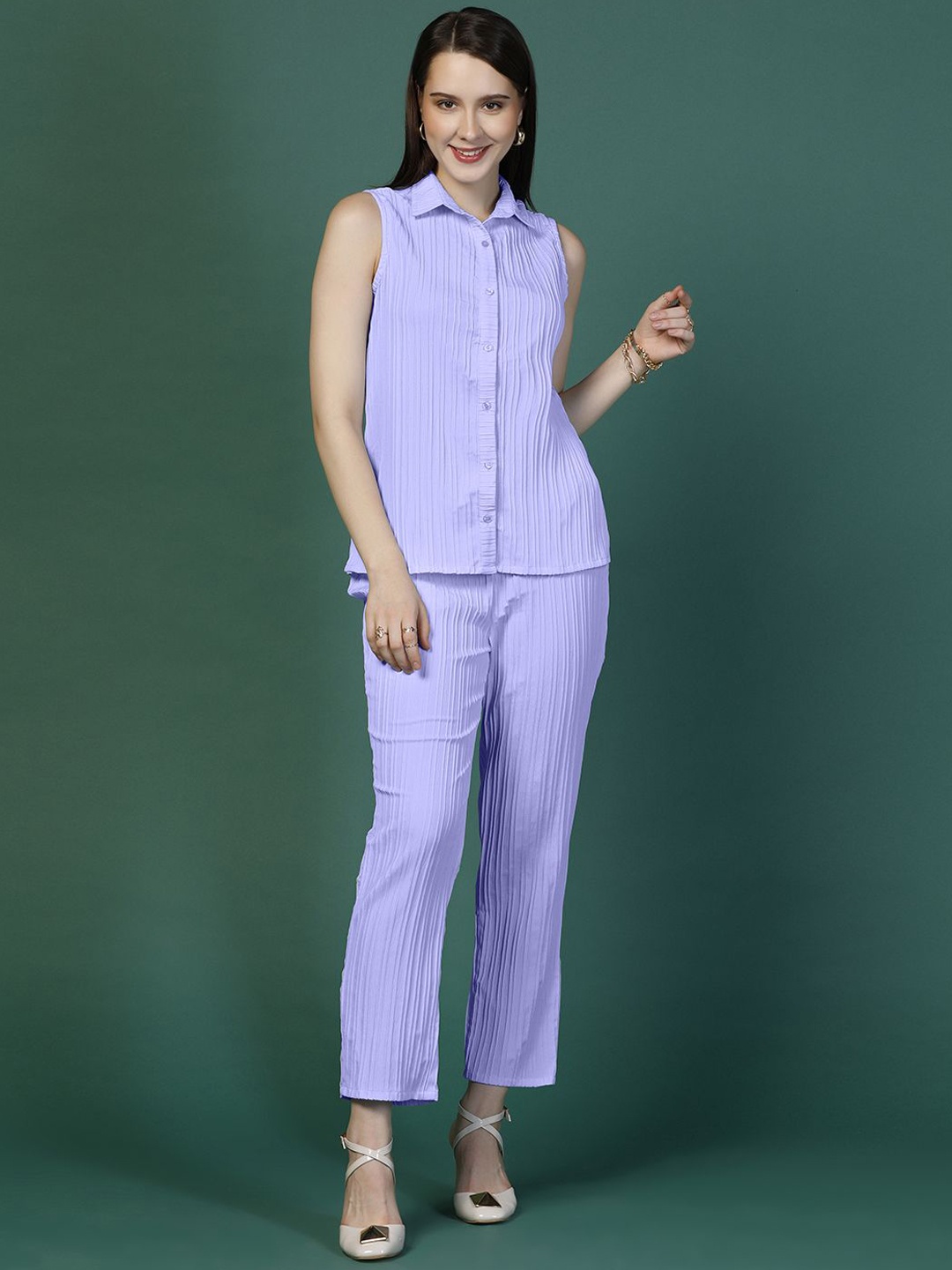 

Moda Rapido Lavendar Textured Sleeveless Shirt Style Top With Trousers, Lavender