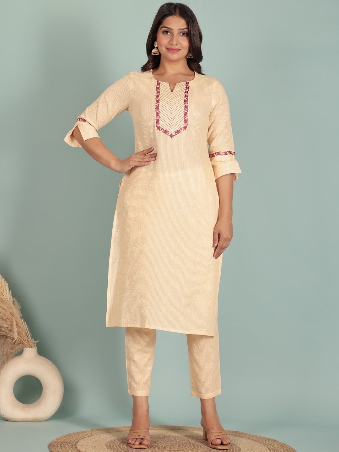 

Aramya Striped Embroidered Regular Sequinned Pure Cotton Straight Kurta with Trousers, Cream