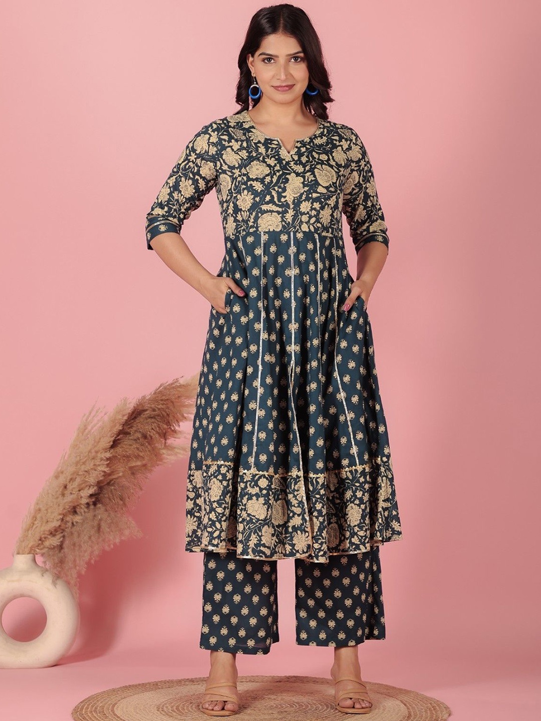 

Aramya Floral Printed Patchwork Cotton Anarkali Kurta, Blue