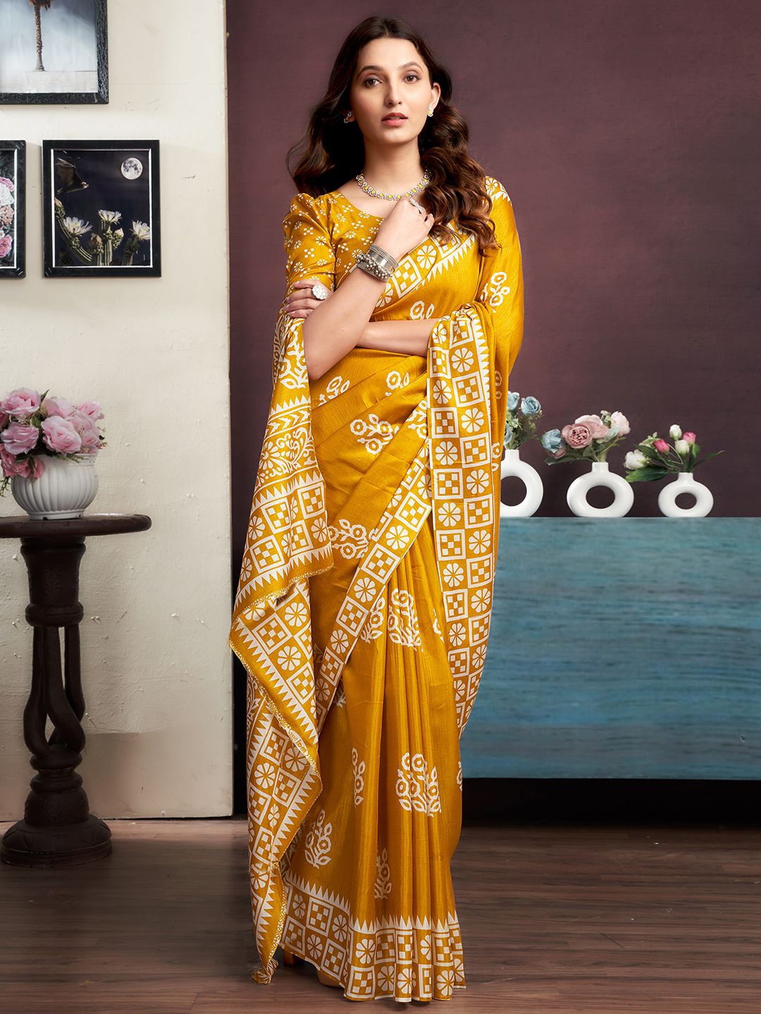 

KALINI Bagh Printed Saree, Yellow