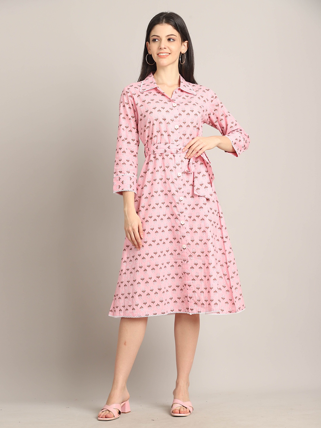 

Rajnandini Floral Printed A-Line Dress, Pink