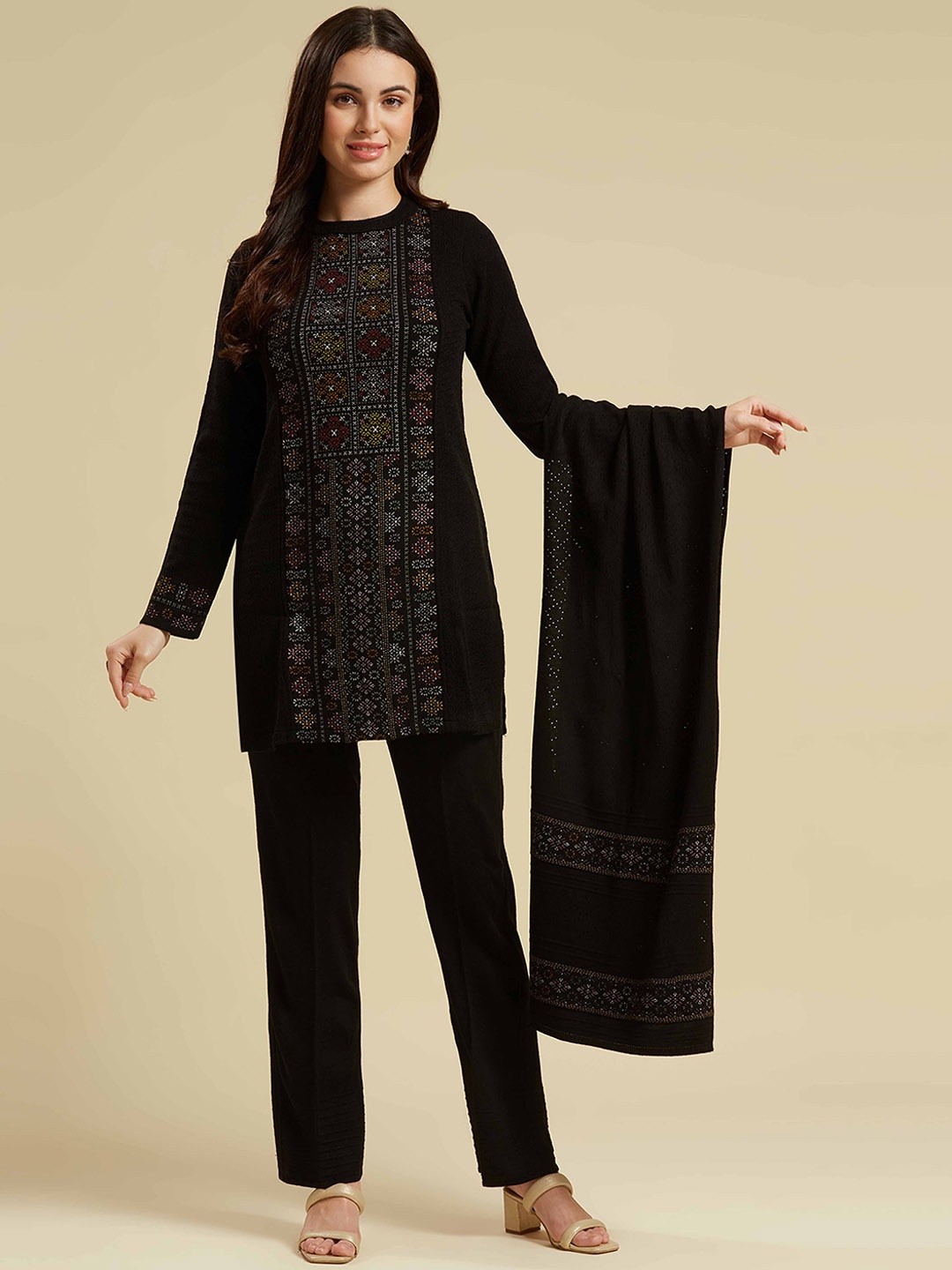 

Peachmode Floral Woven Design Pure Wool Straight Kurti with Trouser & Dupatta, Black