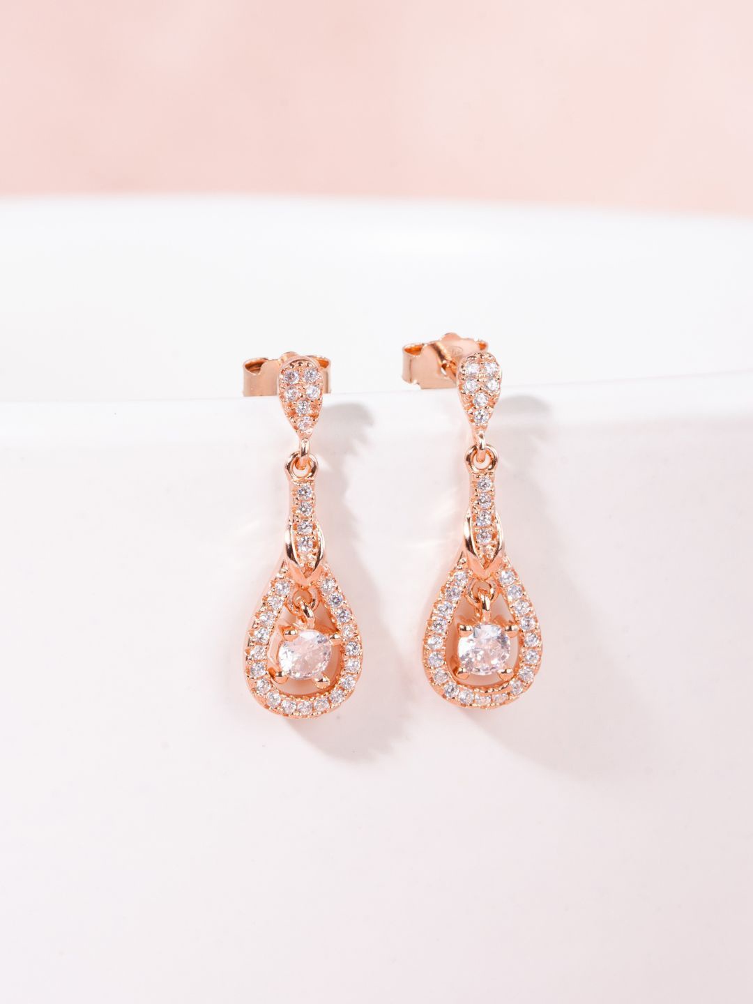 

GLYTERS Rose Gold Plated Zircon Studded Contemporary Drop Earrings