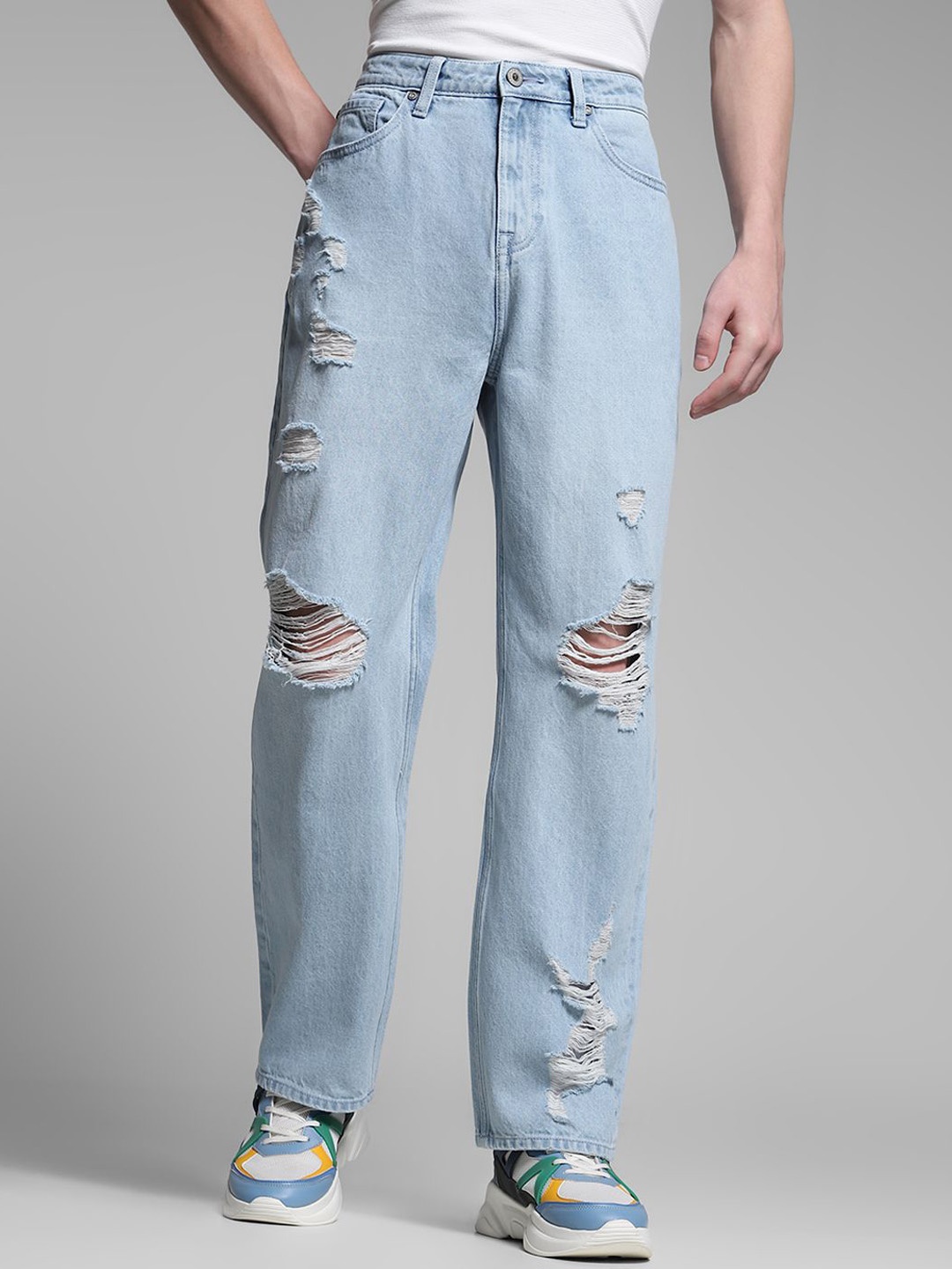 

Jack & Jones Men Cotton Wide Leg High-Rise Highly Distressed Jeans, Blue