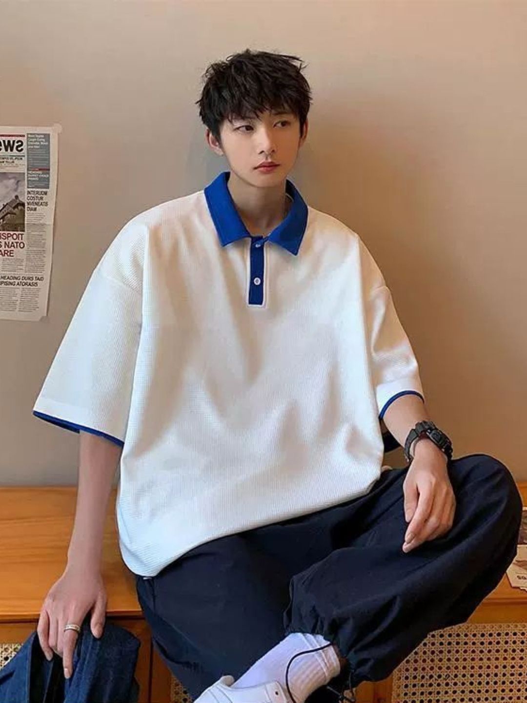 

HERE&NOW Men Solid Polo Collar Oversized T-shirt, White