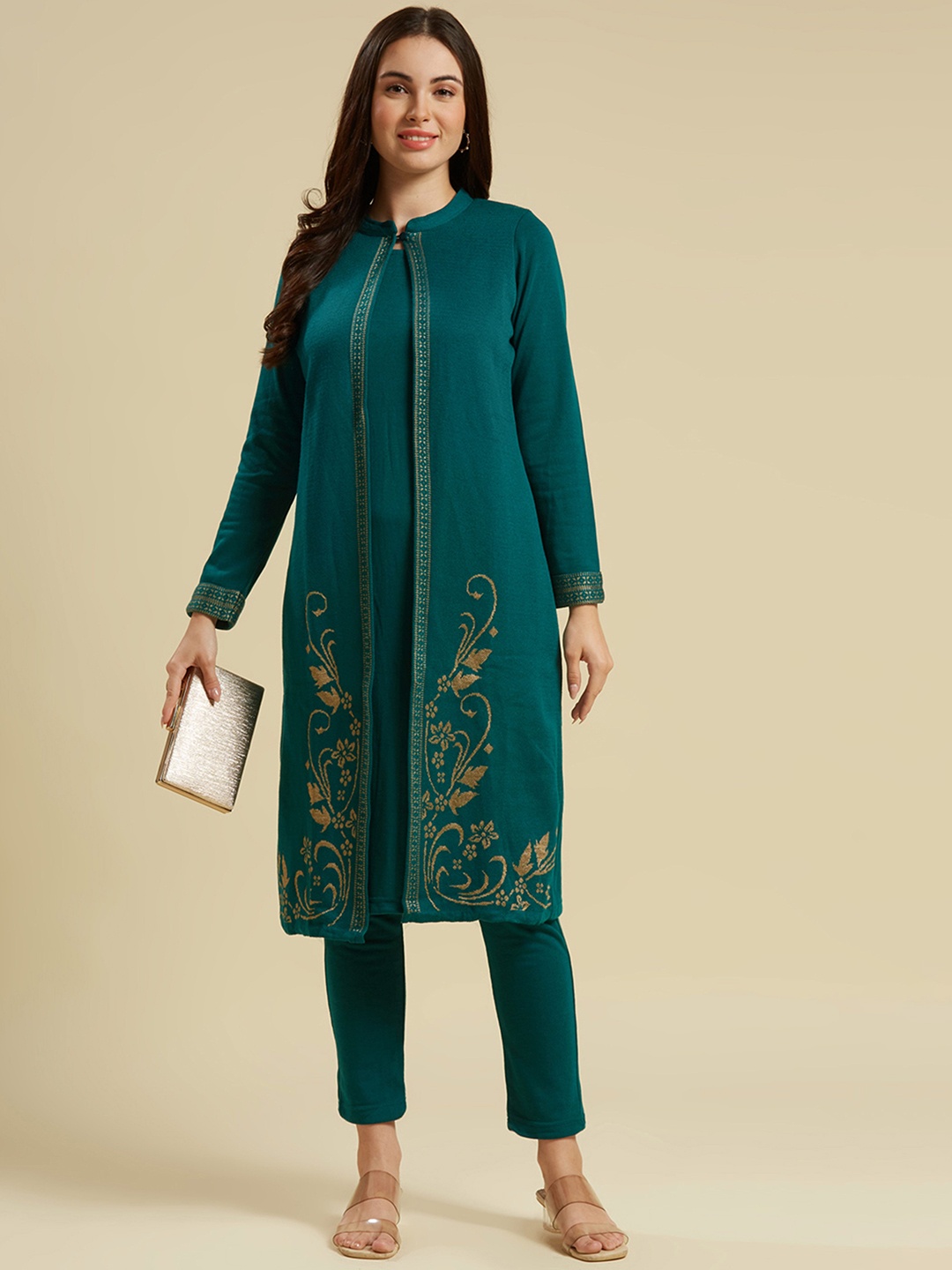 

Peachmode Mandarin Collar Floral Woven Design Pure Wool Straight Kurta with Trouser, Teal