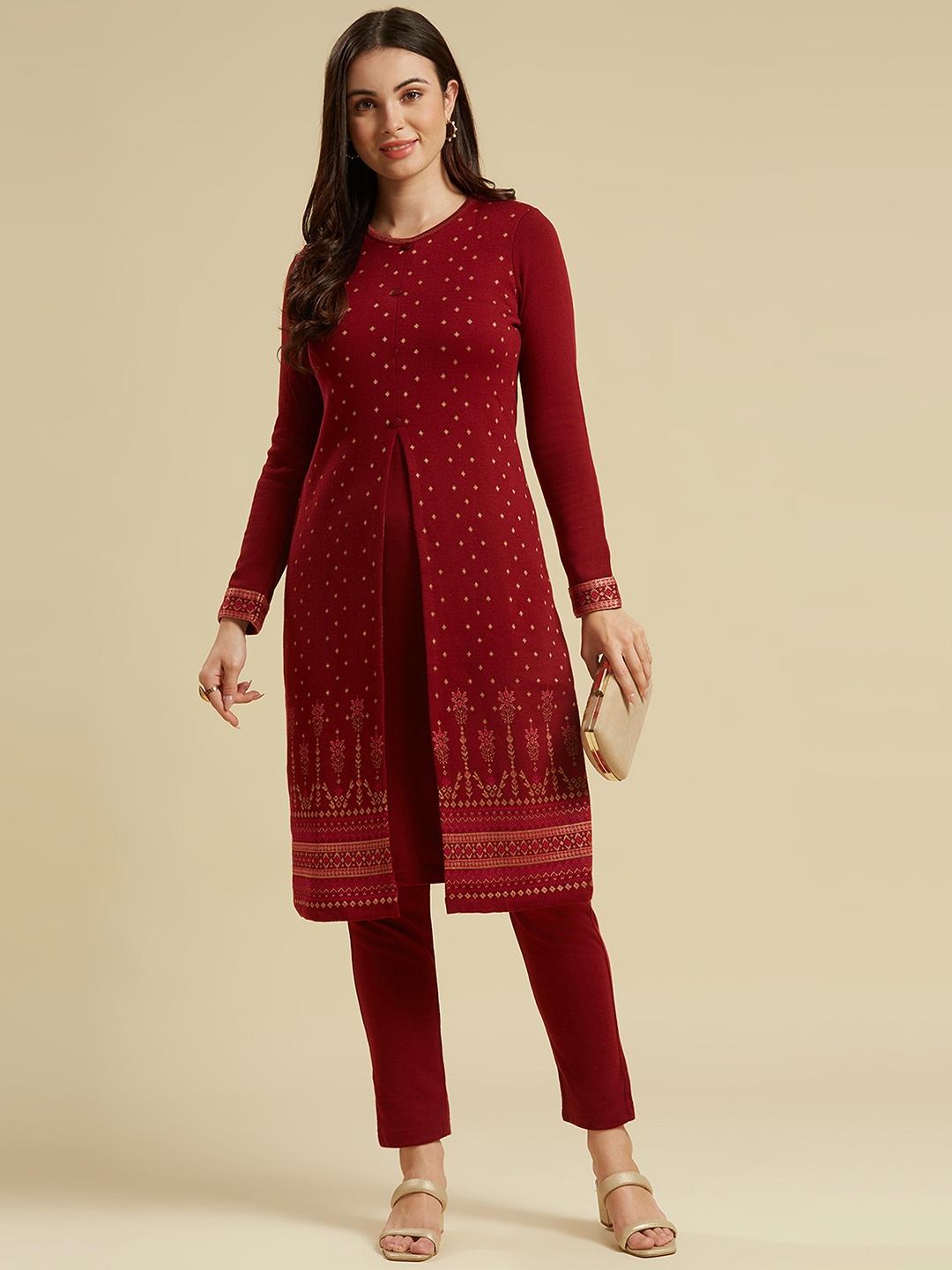 

Peachmode Floral Thread Work Pure Wool Kurta with Trouser, Maroon