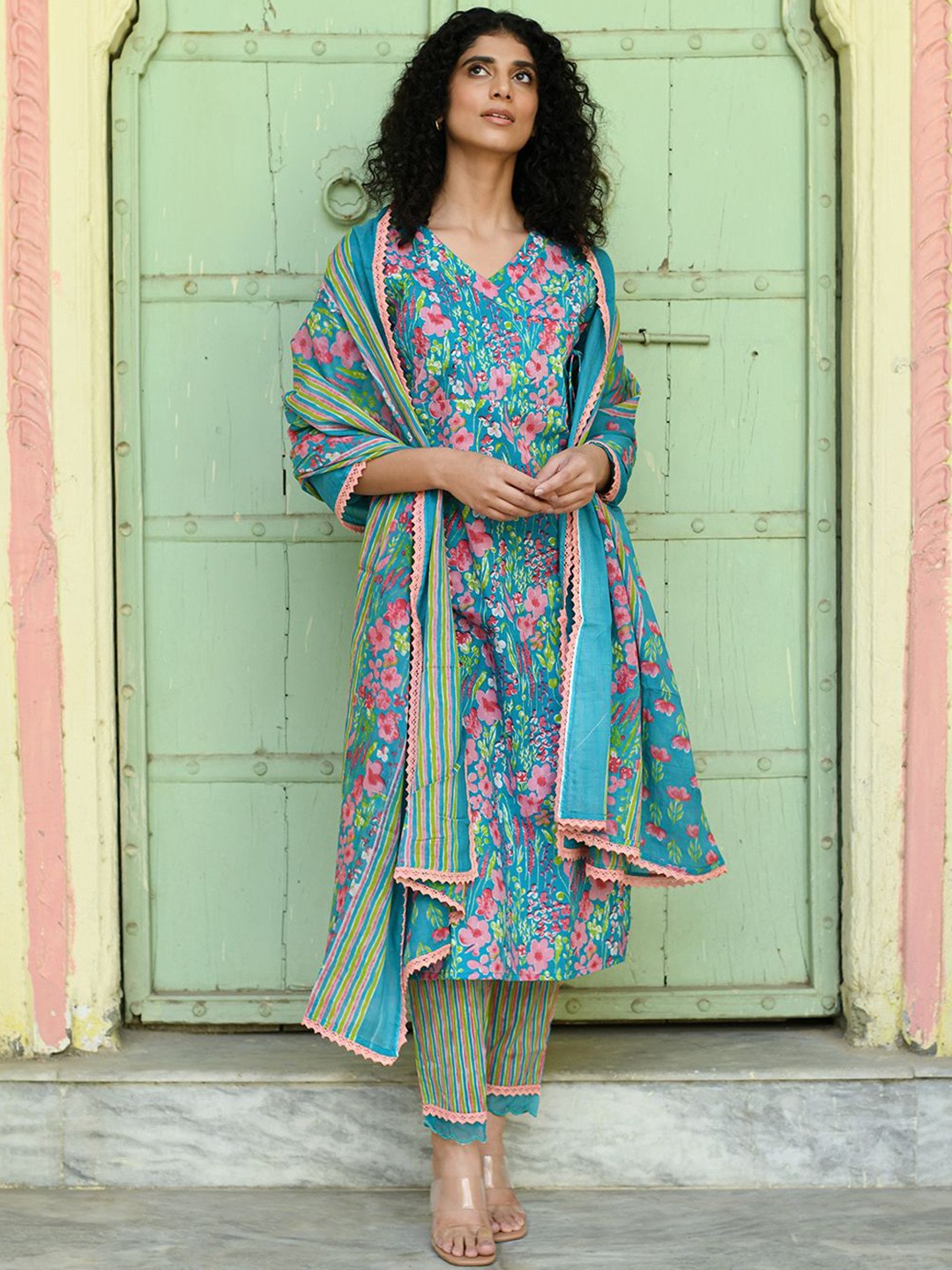 

Rangeelo Floral Printed V-Neck Pure Cotton Angrakha Straight Kurta With Palazzos & Dupatta, Blue