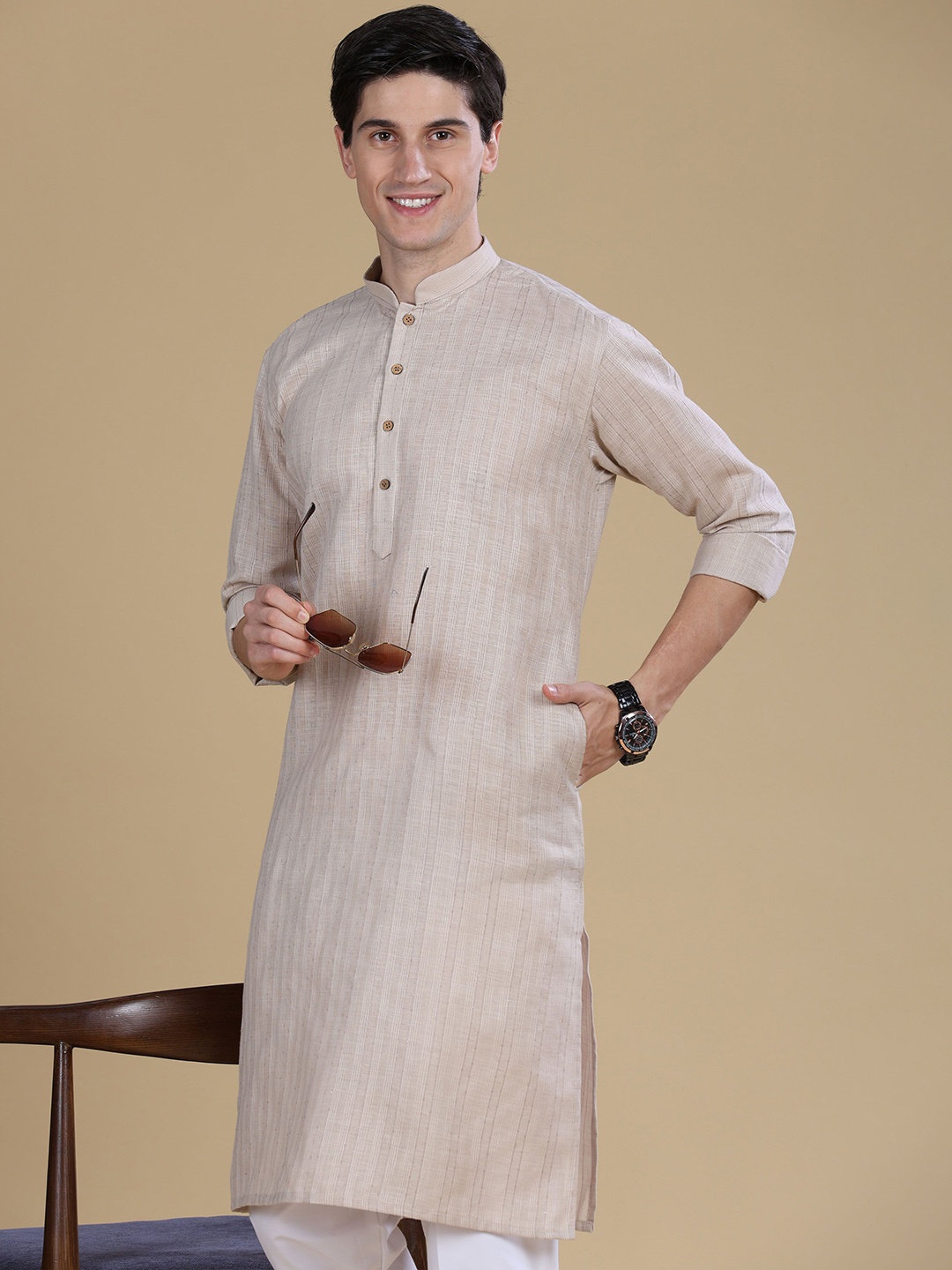 

Anouk Striped Thread Work Cotton Straight Kurta, Beige