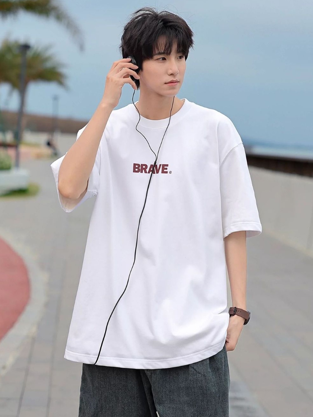 

HERE&NOW Men Typography Printed Round Neck Cotton Oversized T-shirt, White