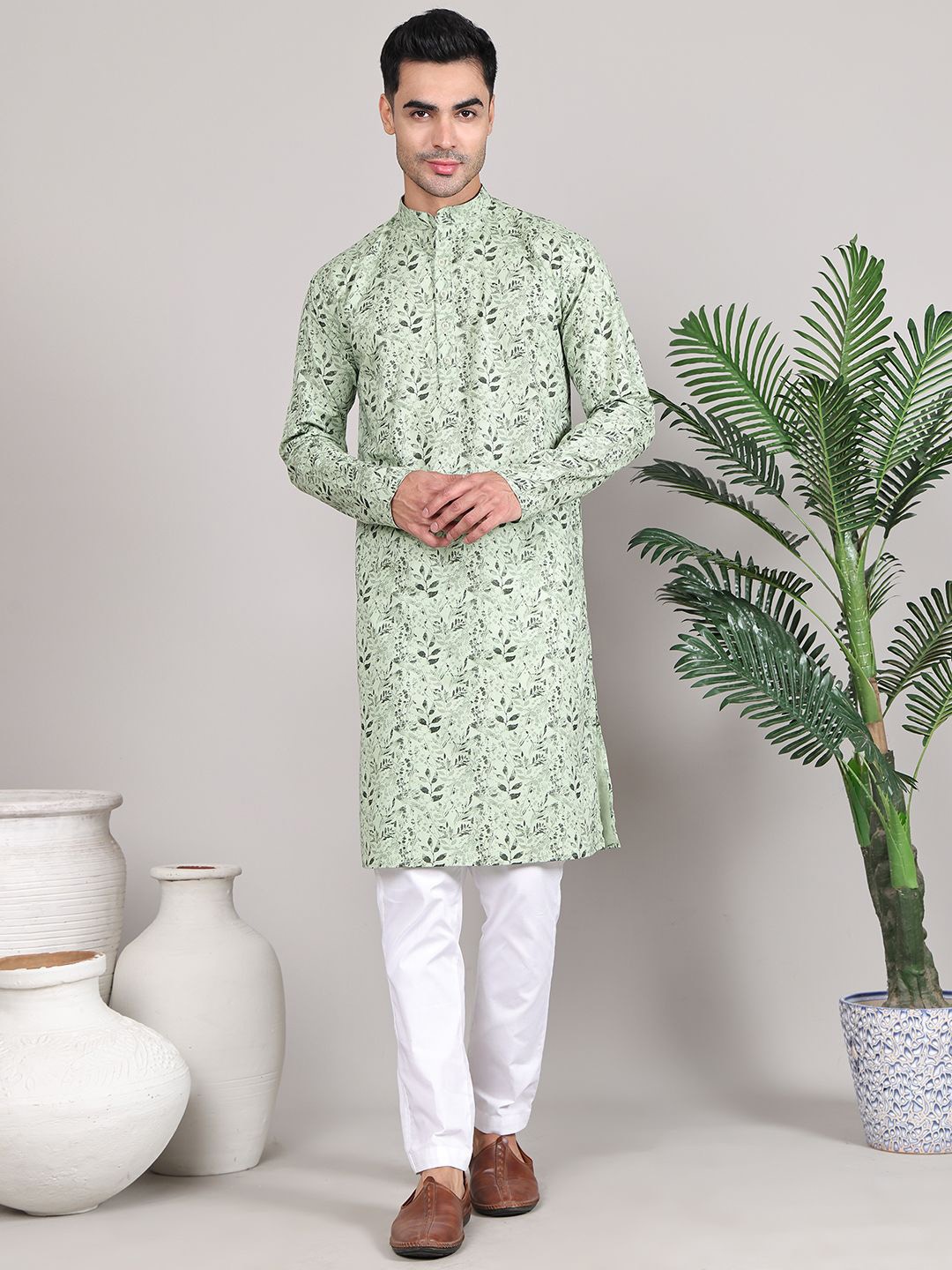 

Majestic Man Floral Printed Mandarin Collar Pure Cotton Straight Kurta, Green